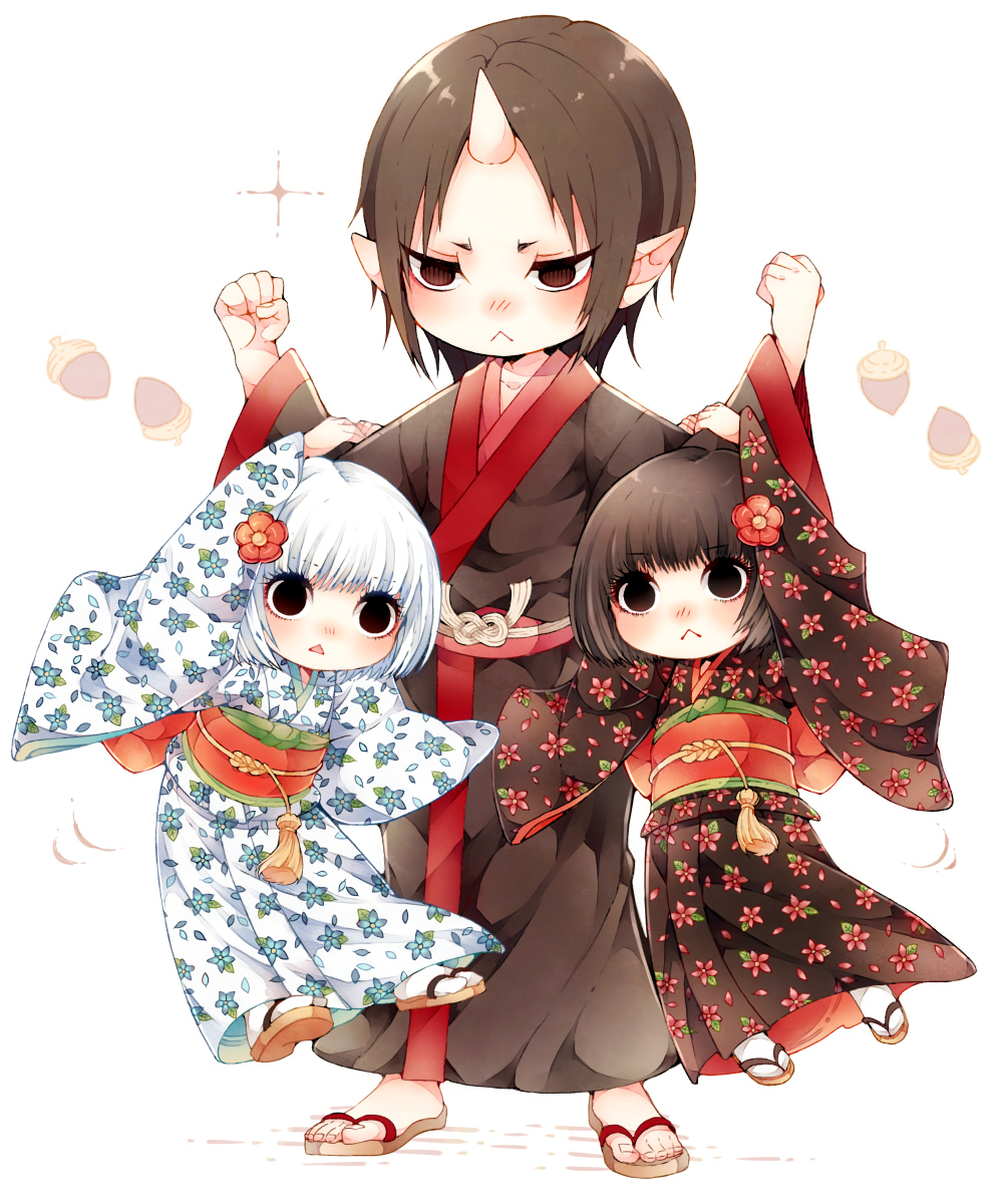 1boy, 2girls, :<, arm_grab, black_eyes, brown_hair, chibi, floral_print, flower, full_body, hair_flower, hair_ornament, highres, hoozuki_(hoozuki_no_reitetsu), hoozuki_no_reitetsu, horn, ichiko_(hoozuki_no_reitetsu), japanese_clothes, kimono, long_sleeves, multiple_girls, niko_(hoozuki_no_reitetsu), niwako, obi, oni, pointy_ears, sandals, sash, short_hair, simple_background, tassel, white_background, white_hair, wide_sleeves