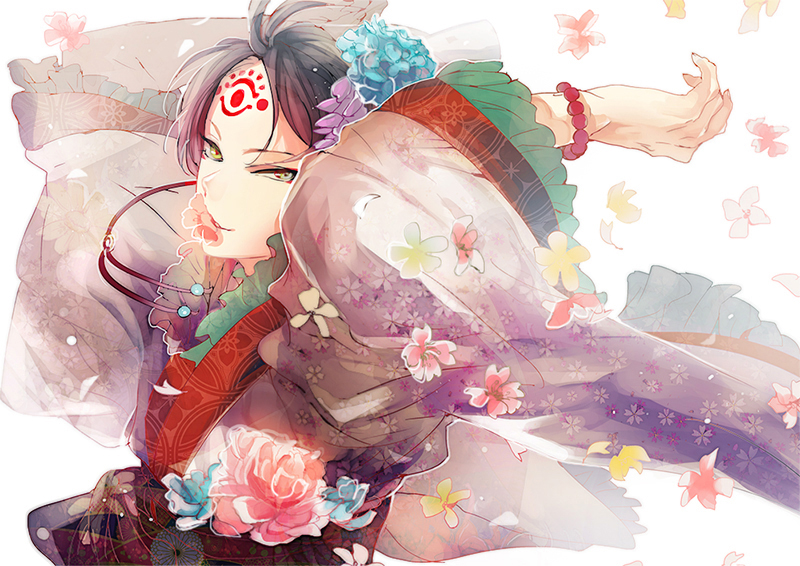 1boy, arms_up, black_hair, bracelet, chinese_clothes, facial_mark, floral_print, flower, flower_in_mouth, hair_flower, hair_ornament, hakutaku_(hoozuki_no_reitetsu), hanfu, hoozuki_no_reitetsu, ihiro, jewelry, long_sleeves, looking_at_viewer, male_focus, mouth_hold, upper_body, wide_sleeves, wind, yellow_eyes
