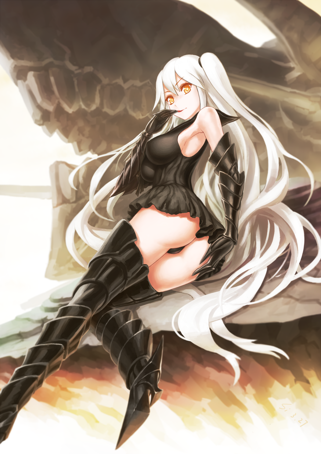 1girl, aircraft_carrier_oni, armored_boots, ass, black_dress, black_panties, boots, breasts, dress, gauntlets, hand_to_own_mouth, highres, impossible_clothes, impossible_dress, kantai_collection, large_breasts, long_hair, looking_at_viewer, one_side_up, orange_eyes, panties, sailor_dress, shinkaisei-kan, short_dress, si_(ruanmumu), sideboob, solo, thigh-highs, thigh_boots, tongue, tongue_out, underwear, very_long_hair, white_hair