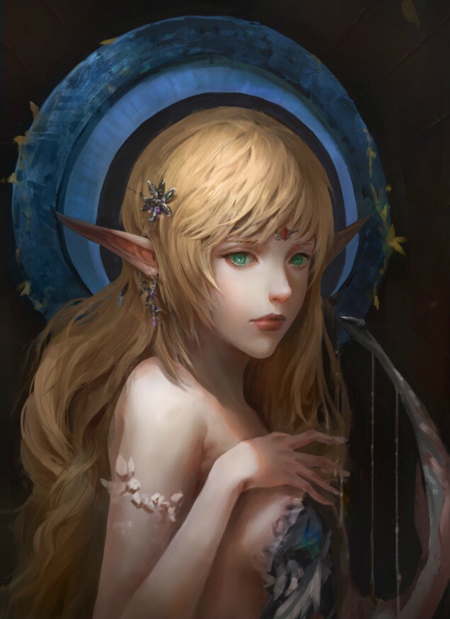 1girl, armlet, bare_shoulders, blonde_hair, breasts, circlet, earrings, fantasy, green_eyes, hair_ornament, hairpin, harp, instrument, jewelry, kurau, lips, long_hair, original, pointy_ears, profile, sideboob, solo, upper_body