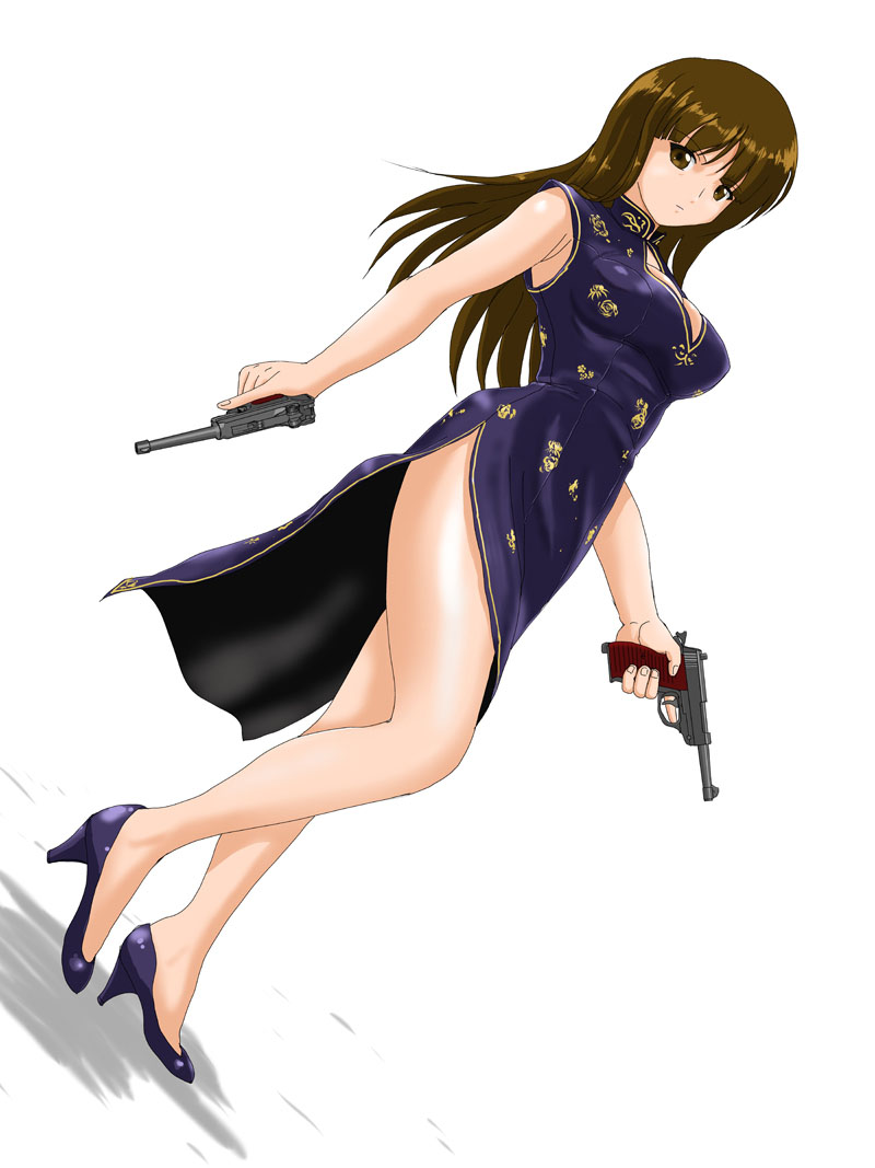 1girl, blue_dress, breasts, brown_eyes, brown_hair, china_dress, chinese_clothes, cleavage, dress, dual_wielding, dutch_angle, girls_und_panzer, gun, handgun, high_heels, hime_cut, long_hair, looking_at_viewer, matsui_yasutsugu, nishizumi_shiho, sleeveless, sleeveless_dress, solo, standing, walther, walther_p38, weapon, white_background
