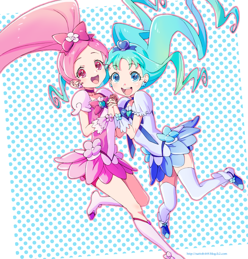 2girls, :d, blue_eyes, blue_hair, choker, cure_blossom, cure_marine, female, hanasaki_tsubomi, heartcatch_precure!, holding_hands, kurumi_erika, long_hair, looking_at_viewer, magical_girl, multiple_girls, open_mouth, ozaki_(nattohda), pink_eyes, pink_hair, polka_dot, polka_dot_background, ponytail, precure, skirt, smile, thigh-highs, watermark, web_address, white_legwear, zettai_ryouiki