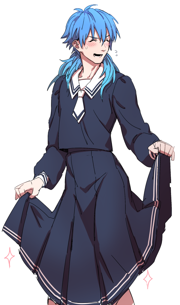 1boy, blue_hair, blush, crossdressinging, dramatical_murder, jeje_(pixiv12541114), long_hair, long_skirt