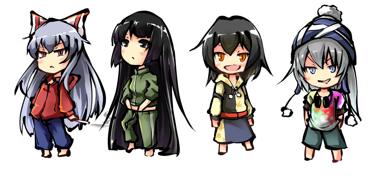 4girls, alternate_costume, black_eyes, black_hair, bow, cigarette, deformed, fujiwara_no_mokou, hair_bow, hat, headphones, houraisan_kaguya, koro_(cookie), long_hair, mononobe_no_futo, multiple_girls, open_mouth, orange_eyes, parka, ponytail, red_eyes, ribbon, shameimaru_aya, short_hair, silver_hair, tagme, touhou, white_background