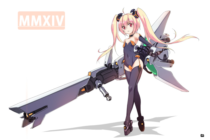 19_(kaitou19), 1girl, 2014, bare_shoulders, black_legwear, blonde_hair, highres, huge_weapon