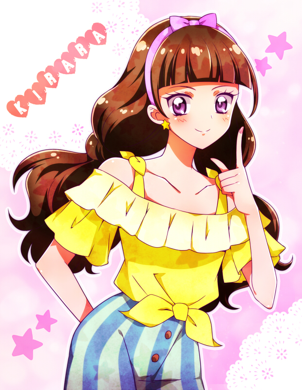 1girl, amanogawa_kirara, blush, brown_hair, character_name, collar_bone, go!_princess_precure, long_hair