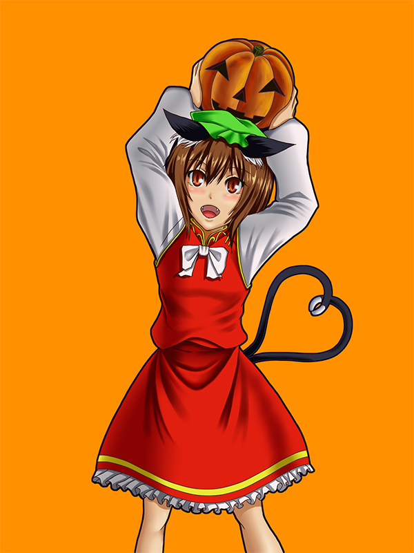 animal_ears, arms_up, brown_eyes, brown_hair, cat_ears, cat_tail, chen, fangs