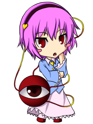 blush_stickers, chibi, komeiji_satori, lowres, open_mouth, pink_hair, red_eyes, short_hair, shoukou_(evara), third_eye, touhou