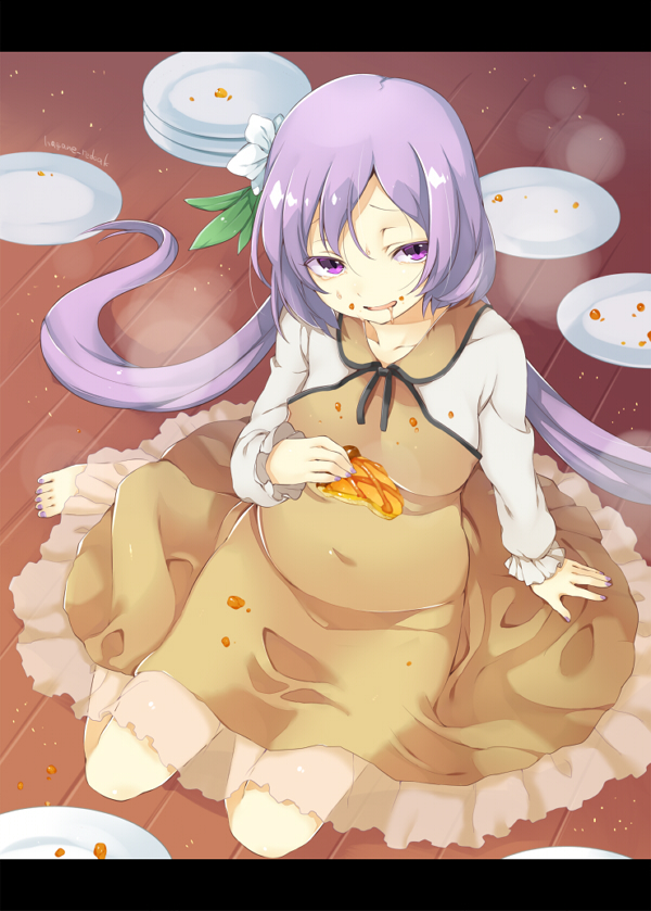 1girl, akagashi_hagane, apple_pie, barefoot, brown_dress, dress, food, food_on_clothes