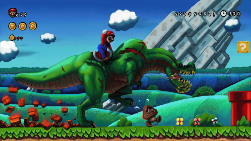 1boy, :d, blue_eyes, brown_hair, capcom, claws, crossover, deviljho