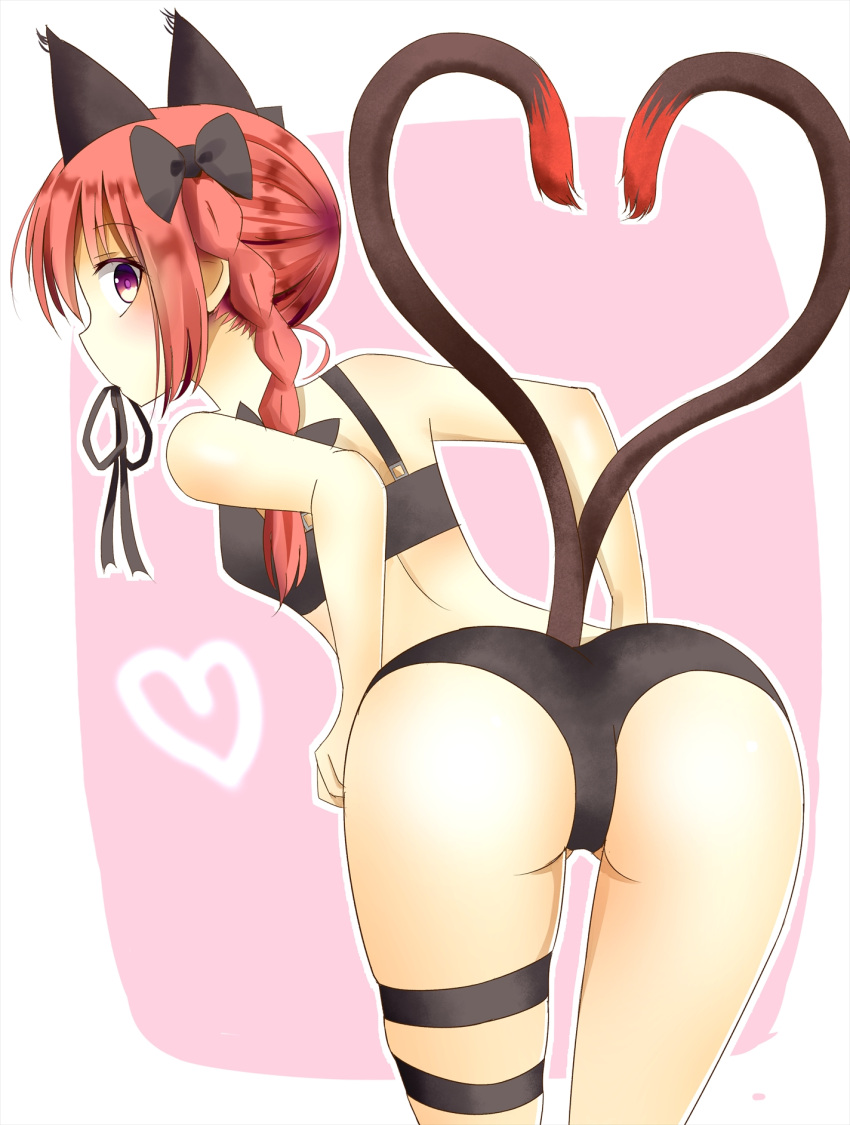 1girl, animal_ears, ass, bent_over, bikini, black_bikini, bow, braid