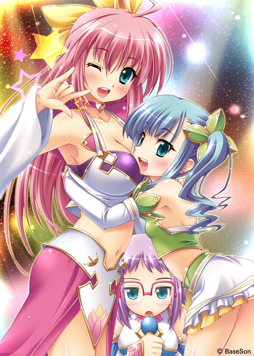 3girls, absurdres, armpits, blue_eyes, blue_hair, breasts, chouhou, choukaku