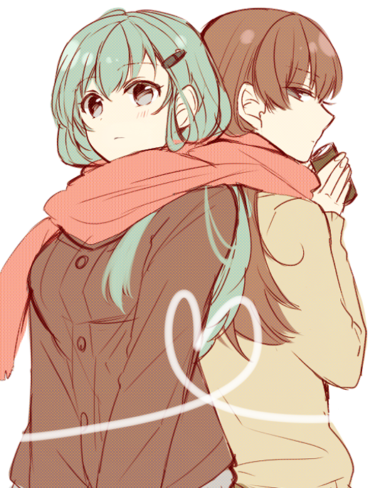 kantai_collection, nagomi_(mokatitk), ooi_(kantai_collection), scarf, shared_scarf, suzuya_(kantai_collection)