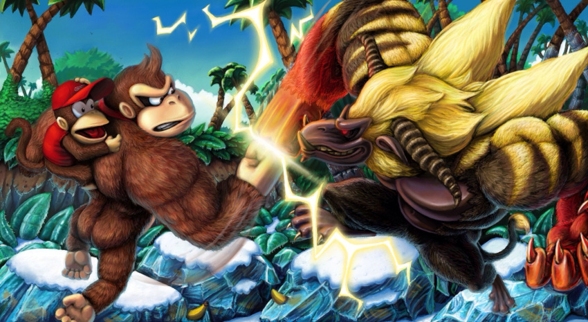 ape, banana, blonde_hair, brown_hair, claws, clenched_teeth, crossover, diddy_kong