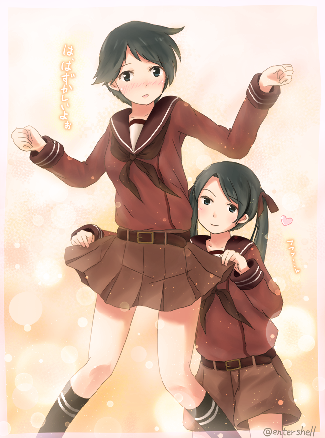 2girls, alternate_bottom_wear, black_eyes, black_hair, black_legwear, blush, brown_skirt, cosplay