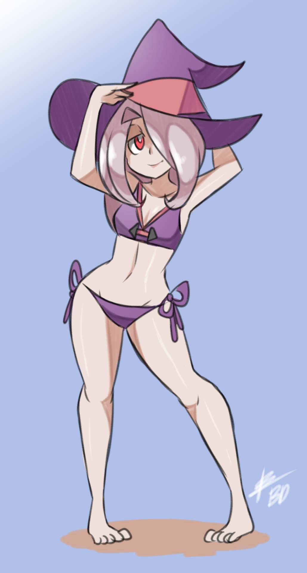 1girl, barefoot, bigdead93, bikini, contrapposto, eyebrows, full_body, hair_over_one_eye