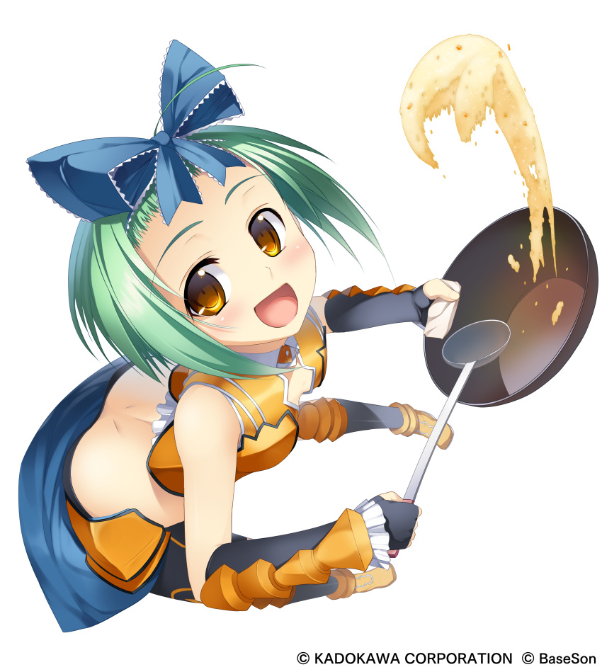 absurdres, ass, bike_shorts, bowl, brown_eyes, cooking, elbow_gloves, fingerless_gloves, food, from_below, gloves, green_hair, highres, kantaka, kneehighs, koihime_musou, looking_up, midriff, ribbon, short_hair, shorts, smile, ten'i, transparent_background