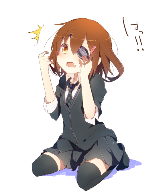 1girl, brown_hair, cardigan, cosplay, eyepatch, hair_ornament, hairclip, harusawa