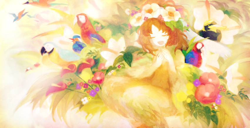 brown_hair, closed_eyes, elle_(lom), feathers, flower, hair_flower, hair_ornament, legend_of_mana