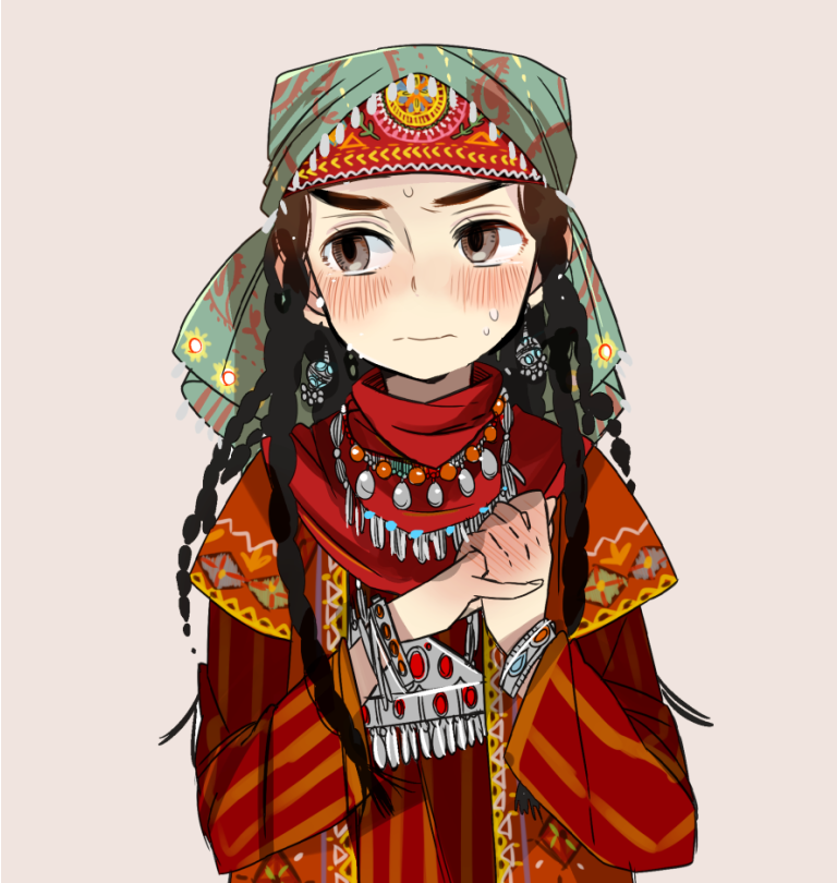 1girl, black_hair, blush, braid, earrings, head_scarf, jewelry, long_hair