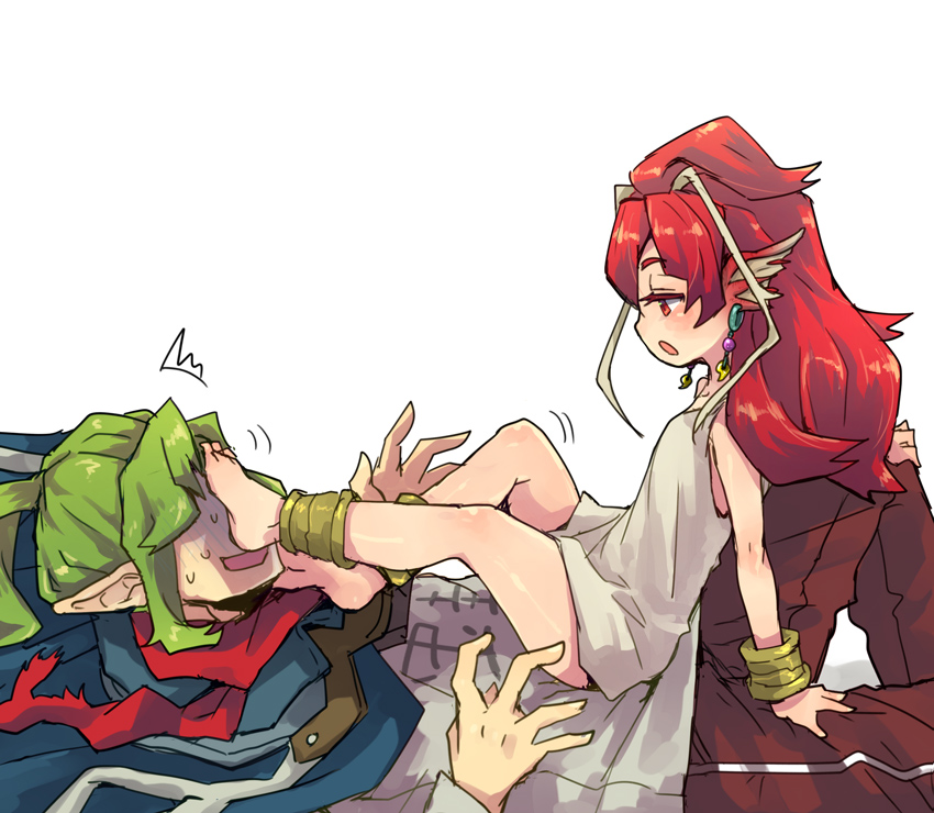 1boy, 1girl, barefoot, cape, ga-tan_(log_horizon), green_hair, k.r., log_horizon