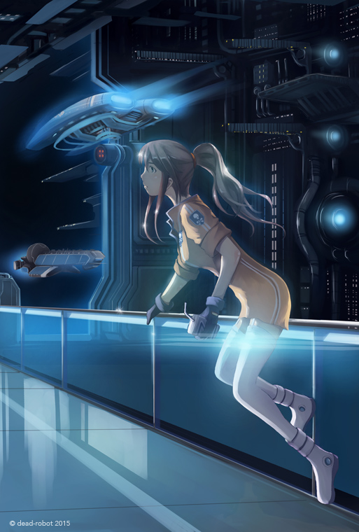 1girl, 2015, artist_name, brown_hair, dark, dead-robot, dress, gloves, glowing, hair_tie, hangar, juice_box, long_hair, original, ponytail, profile, railing, science_fiction, short_dress, space_craft, thigh-highs, white_legwear, zero_gravity, zettai_ryouiki