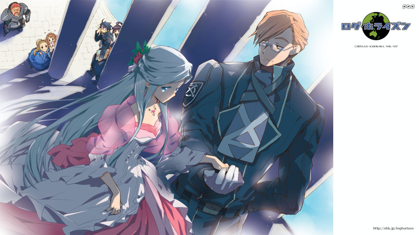 akatsuki_(log_horizon), blue_eyes, blue_hair, crusty_(log_horizon), dress, glasses, gloves, hara_kazuhiro