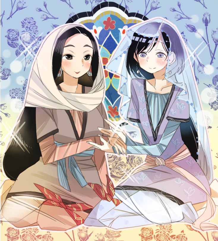 2girls, anis_(otoyomegatari), black_hair, earrings, jewelry, long_hair, multiple_girls, otoyomegatari