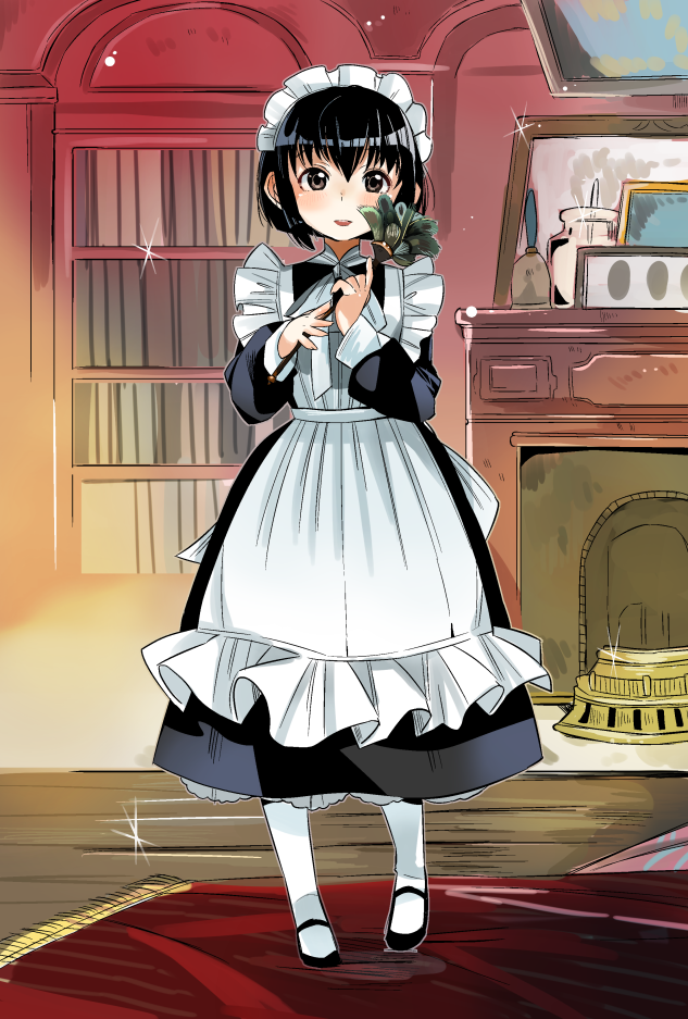 1girl, apron, black_hair, bob_cut, maid, maid_headdress, shirley, shirley_medison, short_hair, solo, sunameri_oishii