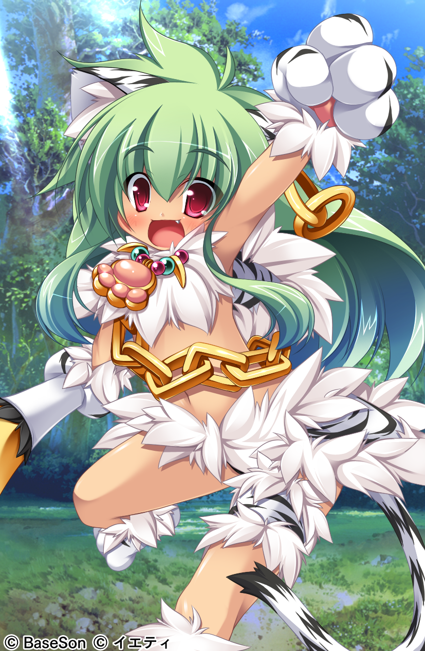 animal_ears, arm_up, armpits, blush, cat_ears, chain, earrings, fang