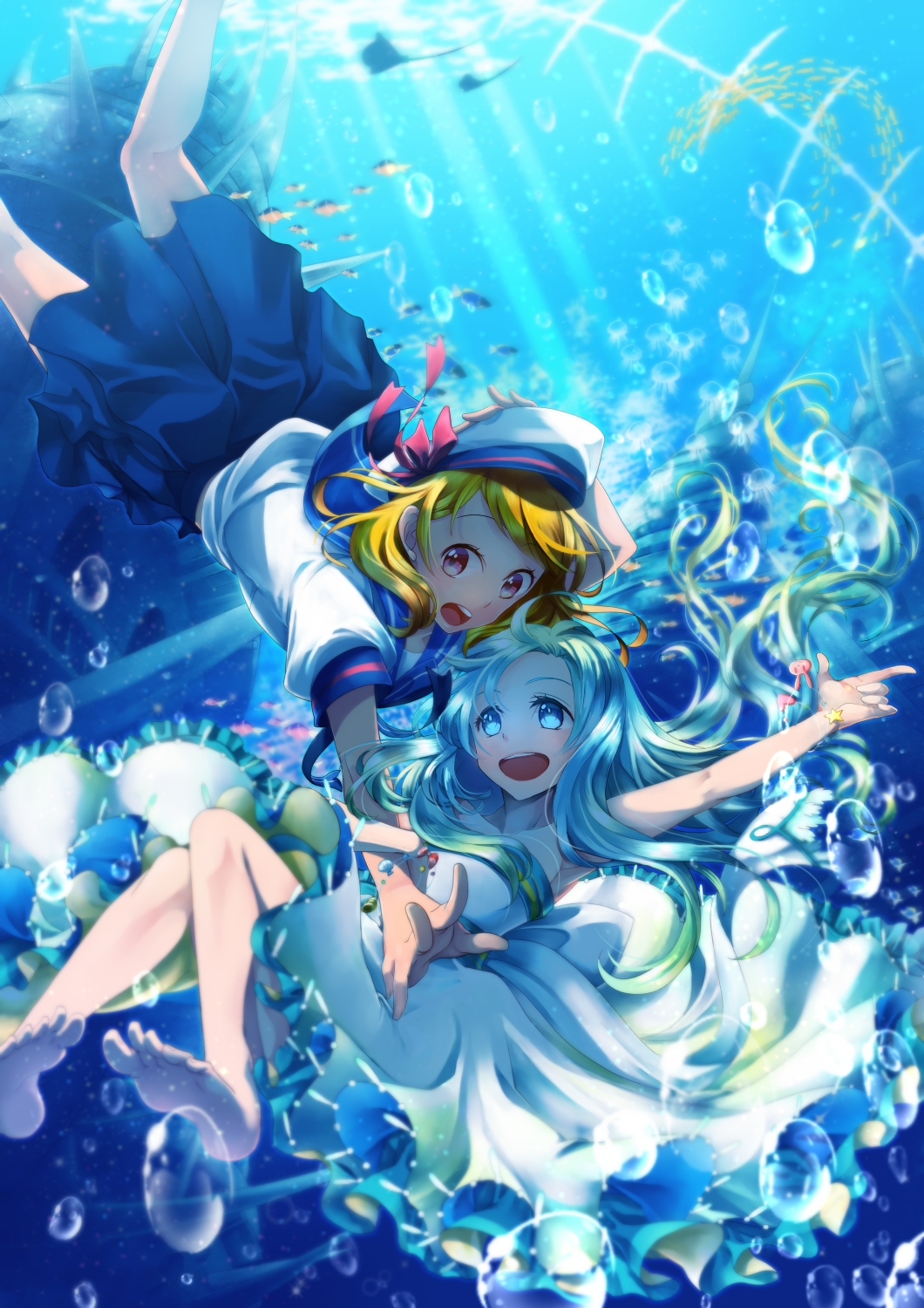 2girls, aqua_hair, bare_shoulders, barefoot, blonde_hair, blue_eyes, bubble, dress