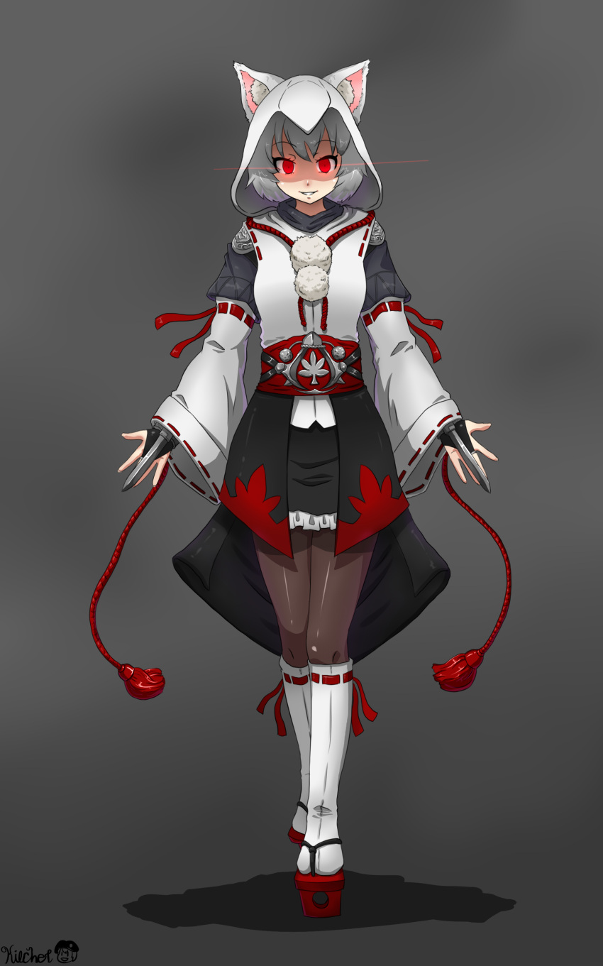 1girl, absurdres, animal_ears, assassin's_creed, bridal_gauntlets, detached_sleeves, full_body, geta