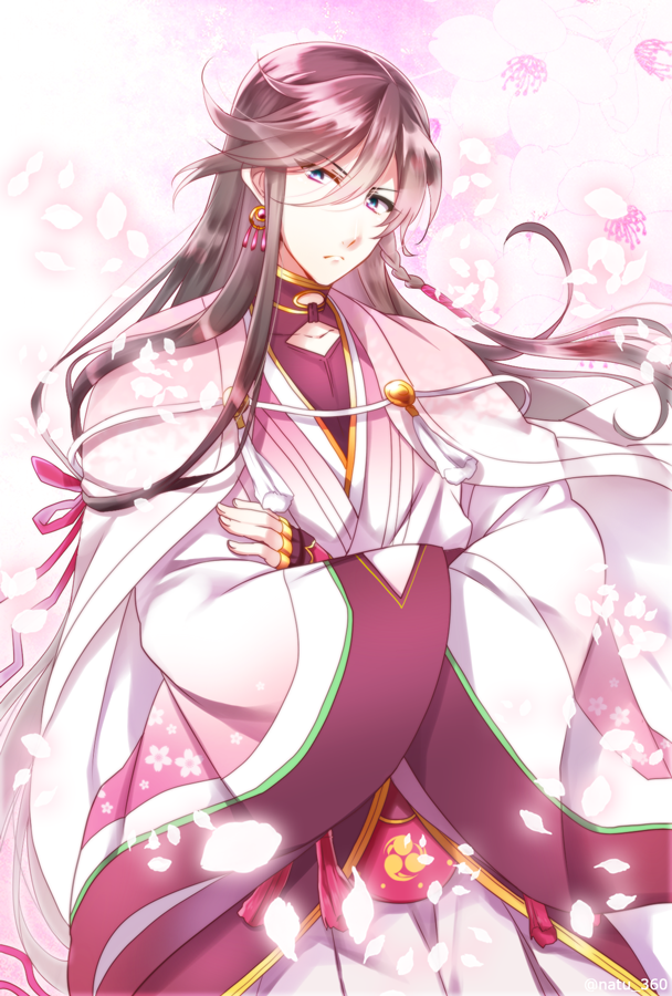 1boy, alternate_color, black_hair, blue_eyes, braid, cherry_blossoms, crossed_arms, earrings