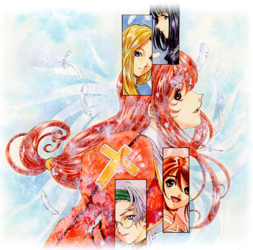 blonde_hair, blue_eyes, brown_eyes, brown_hair, coquelicot, erica_fontaine, feathers, fujishima_kousuke