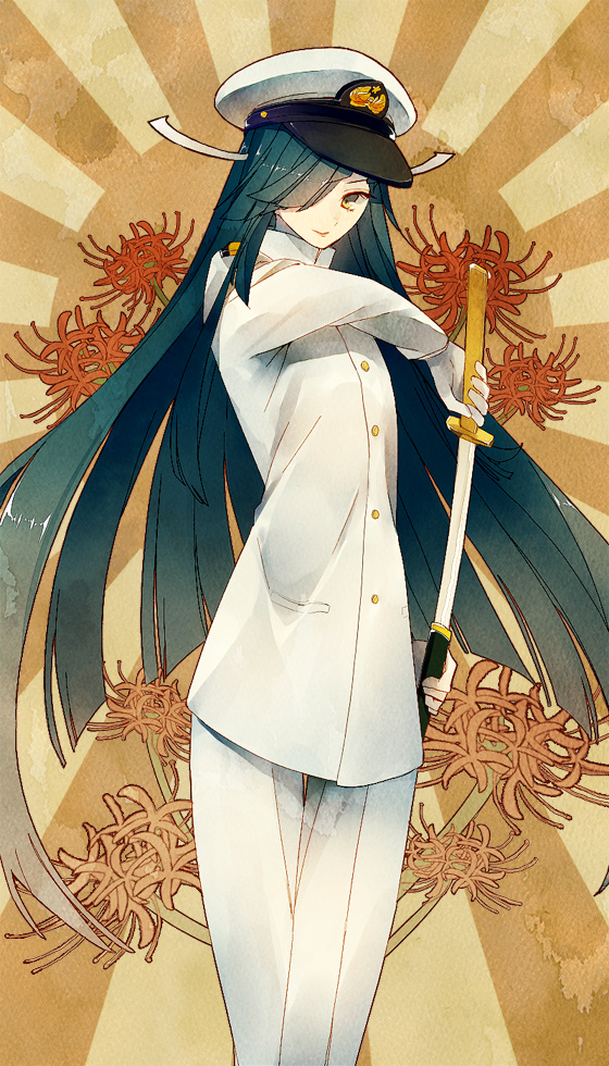 1girl, alternate_costume, arm_at_side, buttons, crest, female_admiral_(kantai_collection), fringe, green_hair, hair_over_one_eye, hat, hayashimo_(kantai_collection), holding_weapon, jacket, kantai_collection, katana, long_hair, sayori_(artist), scabbard, sheath, smile, solo, sword, very_long_hair, weapon, white_jacket, white_pants