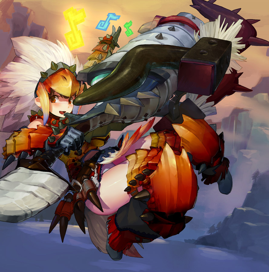1girl, :d, alternate_color, armor, barioth_(armor), belt, black_gloves, blush, boots, fangzhenyu, fur_trim, gloves, hunting_horn, looking_at_viewer, monster_hunter, monster_hunter_big_game_hunting_quest, musical_note, official_art, open_mouth, panties, red_eyes, smile, solo, spikes, tree, underwear, weapon, white_hair, white_panties