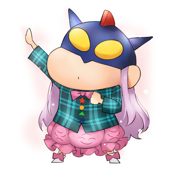 1girl, action_kamen, bobomaster, bow, bubble_skirt, crayon_shin-chan, frilled_skirt, frills, hata_no_kokoro, helmet, long_hair, long_sleeves, mask, parody, pink_hair, plaid, plaid_shirt, pose, sketch, skirt, touhou, very_long_hair
