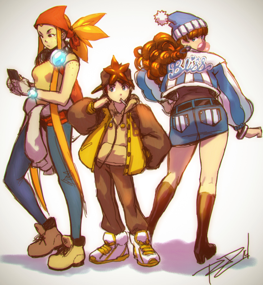 1boy, 2girls, ankle_boots, bandana, beanie, bliss_barson, blue_eyes, bomber_jacket