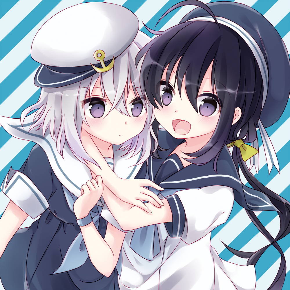 2boys, :d, ahoge, black_hair, crossdressinging, dress, hat, honebami_toushirou