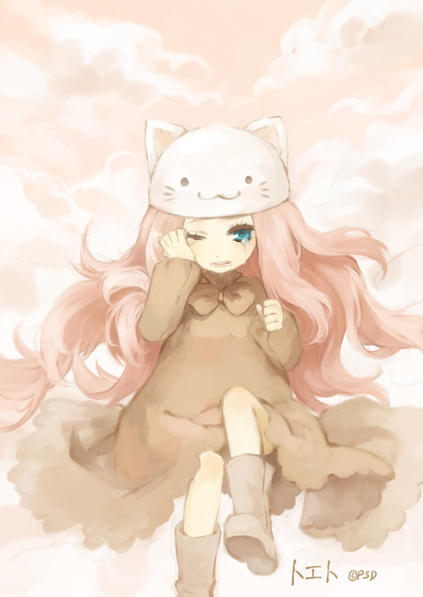 :3, animal_ears, animal_hat, blue_eyes, boots, cat_ears, cat_hat, cathat, hat, highres, long_hair, megurine_luka, megurine_luka_(toeto), pink_hair, psd, solo, tears, toeto_(vocaloid), vocaloid