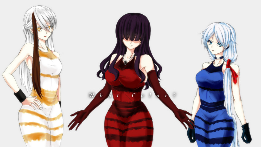 3girls, black_gloves, black_hair, blue_dress, breasts, brown_hair, choker, dress, elbow_gloves, gloves, hair_over_eyes, hair_over_shoulder, half_updo, hand_on_hip, highlights, jewelry, large_breasts, multicolored_hair, multiple_girls, necklace, original, pendant, red_dress, red_gloves, striped, striped_dress, taka_t, the_dress_(meme), white_dress, white_hair, yellow_eyes
