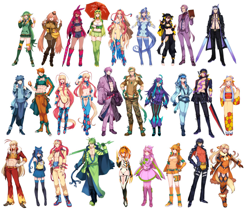 6+boys, 6+girls, arcanine, aurorus, blaziken, blue_hair, ceruledge, character_request, female, garchomp, glaceon, gourgeist, green_hair, highres, katagiri_hachigou, leafeon, lilligant, looking_at_viewer, lucario, male, milotic, multiple_boys, multiple_girls, personification, pokemon, pokemon_(game), scolipede, seviper, umbreon