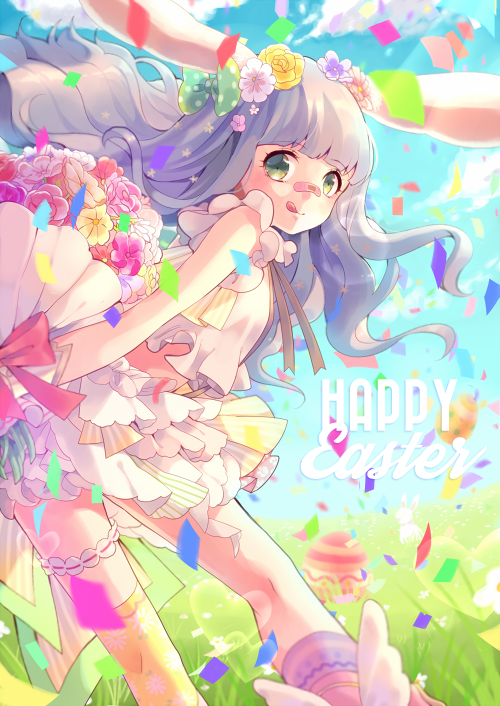 1girl, :q, animal_ears, bangs, blunt_bangs, bouquet, bow, confetti