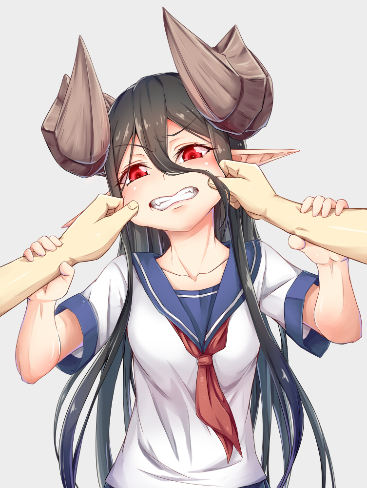 1girl, black_hair, cheek_pinching, clenched_teeth, demon_girl, demon_horns, dream_demon, fangs