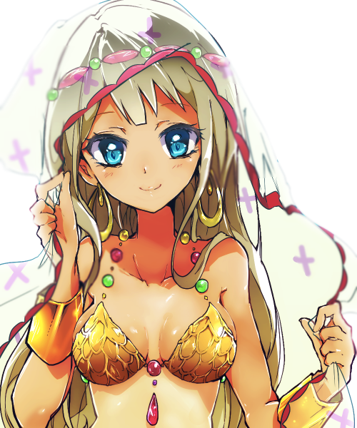 1girl, alessandra_susu, armor, bangs, bikini, bikini_armor, blue_eyes, bracelet, earrings, gem, jewelry, karaage_(torikkk), light_brown_hair, long_hair, smile, solo, swimsuit, tan, tokyo_7th_sisters, veil