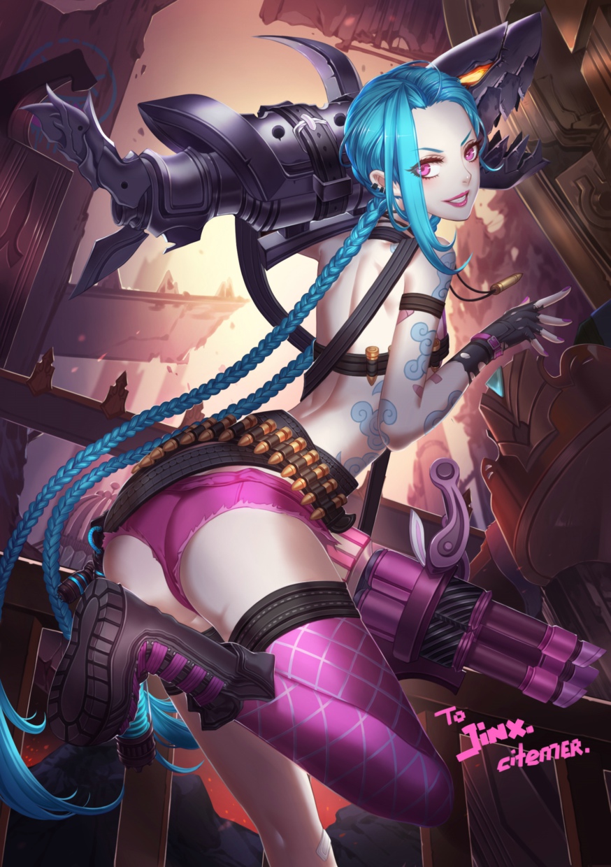 1girl, ass, bare_shoulders, blue_hair, braid, bullet, fingerless_gloves, gloves