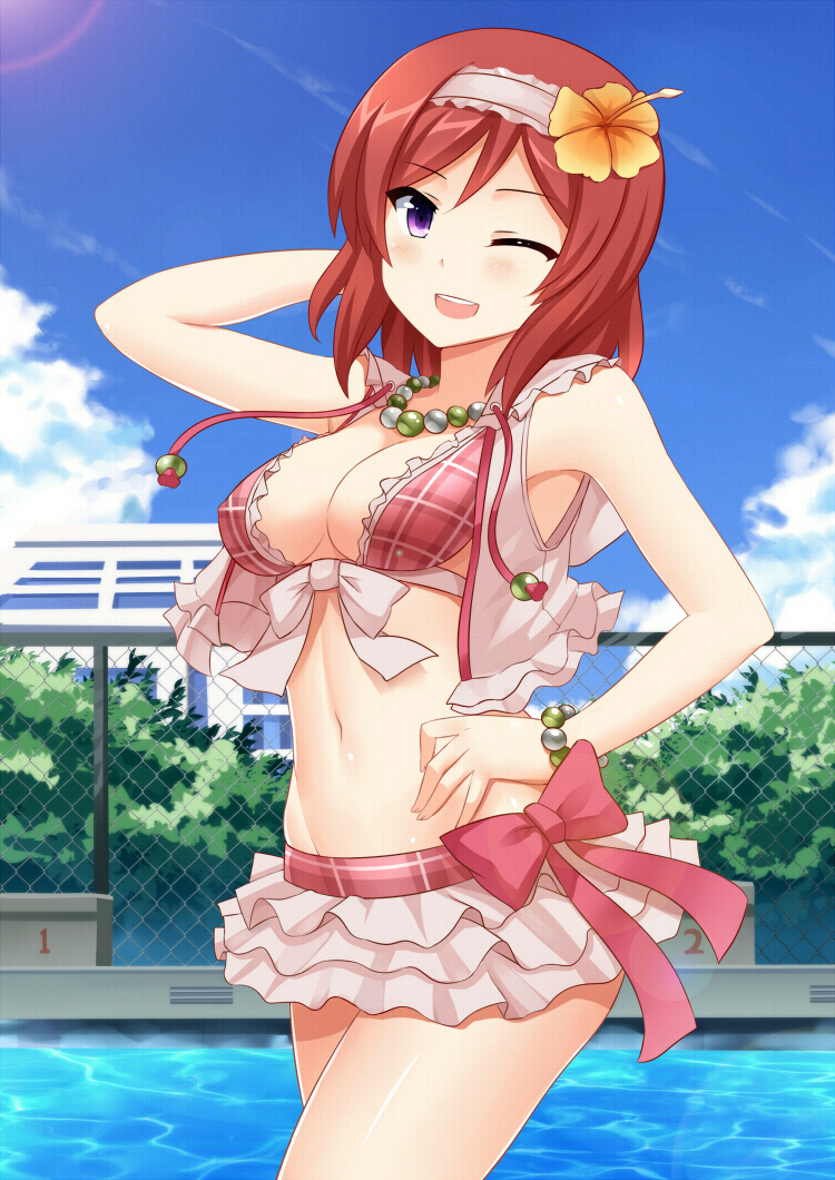1girl, bead_bracelet, bikini, bikini_skirt, blue_sky, blush, breasts, cleavage