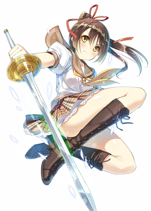 1girl, boots, brown_boots, brown_eyes, brown_hair, fantasy, fringe, hair_ribbon, holding_sword, huyukaaki, jumping, knees, knees_up, lace_trim, laced_shoes, long_hair, looking_to_the_side, neckerchief, original, plaid, plaid_skirt, pleated_skirt, ponytail, red_ribbon, ribbon, school_uniform, serafuku, short_sleeves, simple_background, skirt, solo, sword, weapon
