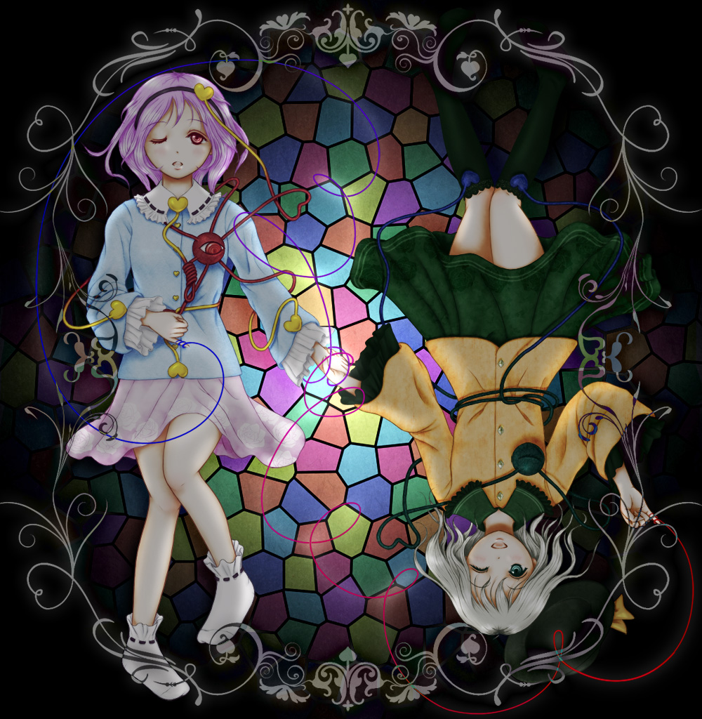 2girls, ankle_socks, aqua_hair, border, frilled_sleeves, frills, green_eyes, green_legwear