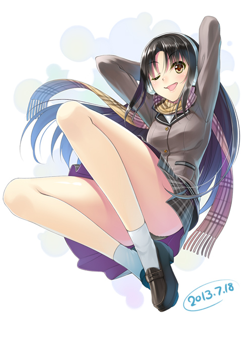 1girl, arms_behind_head, ass, black_hair, black_panties, brown_eyes, brown_hair, brown_jacket
